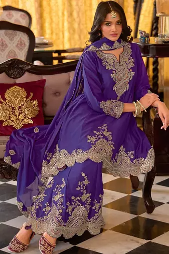 Floral embroidered sequinned chinon a-line kurta with palazzos & dupatta