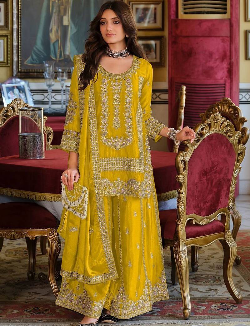Women ethnic motifs embroidered regular thread work kurta with sharara & with dupatta