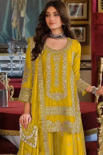 Women ethnic motifs embroidered regular thread work kurta with sharara & with dupatta