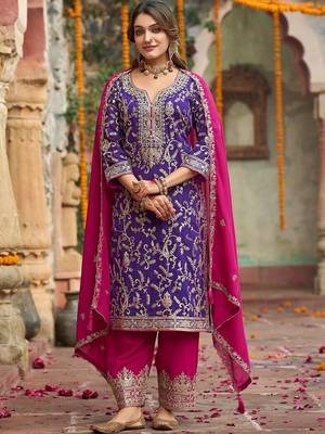 Women ethnic motifs embroidered thread work kurta with salwar & with dupatta 1