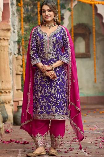 Women ethnic motifs embroidered thread work kurta with salwar & with dupatta