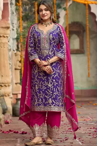 Women ethnic motifs embroidered regular thread work kurta with salwar & with dupatta