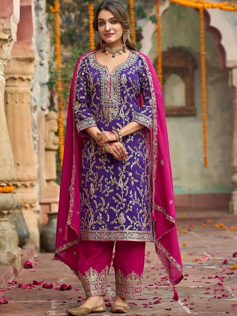 Women ethnic motifs embroidered regular thread work kurta with salwar & with dupatta