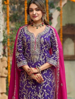 Women ethnic motifs embroidered thread work kurta with salwar & with dupatta 3