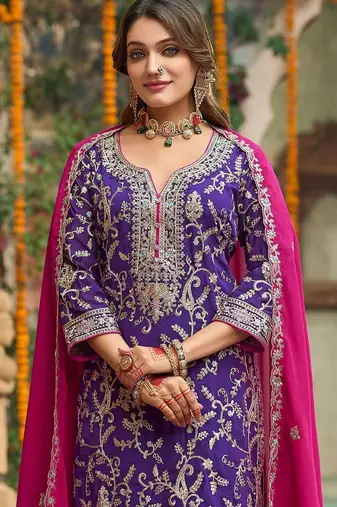 Women ethnic motifs embroidered regular thread work kurta with salwar & with dupatta