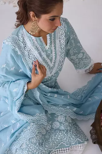 Floral embroidered regular thread work pure cotton republic day kurta with trousers & dupatta
