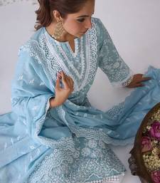Floral embroidered regular thread work pure cotton republic day kurta with trousers & dupatta