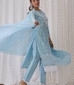 Floral embroidered regular thread work pure cotton republic day kurta with trousers & dupatta