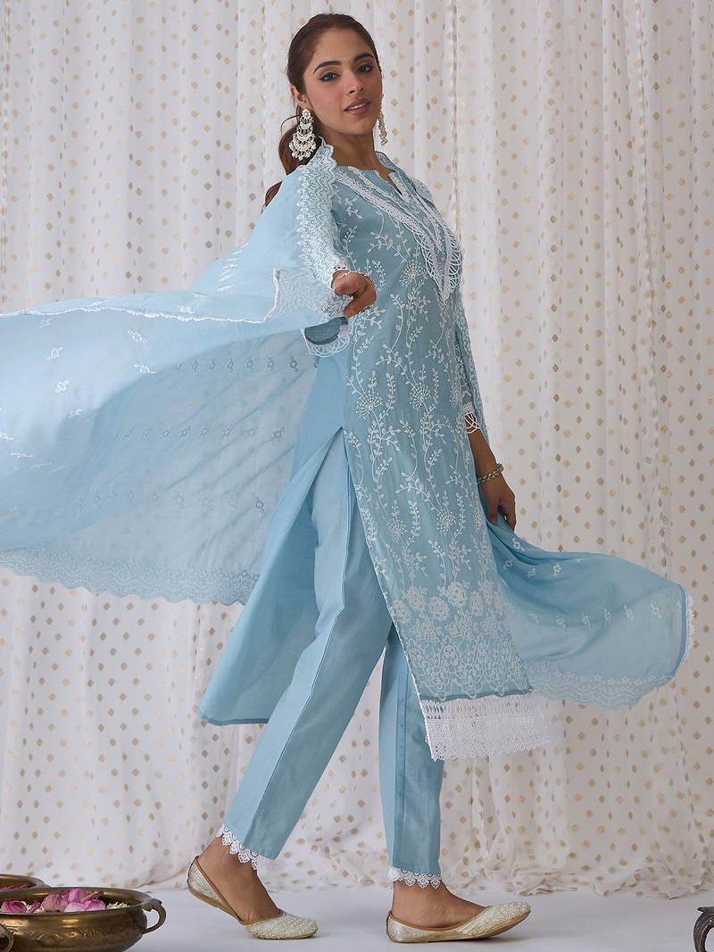 Floral embroidered regular thread work pure cotton republic day kurta with trousers & dupatta