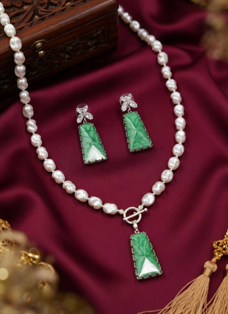 Exquisite handcrafted green jade & freshwater pearl necklace set with floral accents