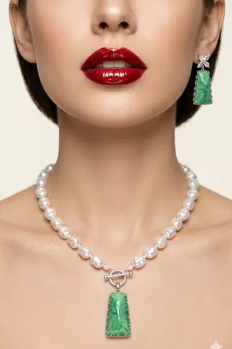 Exquisite handcrafted green jade & freshwater pearl necklace set with floral accents