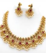 Antique gold-plated ethnic choker set with ruby red stones & pearls | traditional indian jewelry for weddings