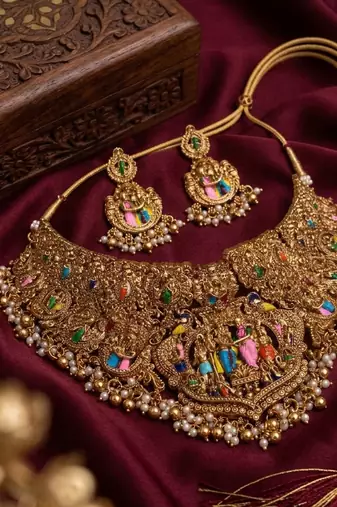 Handcrafted temple jewellery: intricate gold-plated choker set