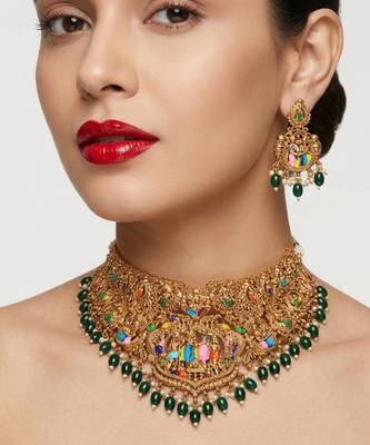 Handcrafted temple jewellery: intricate gold-plated choker set 1
