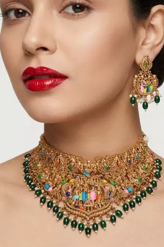 Handcrafted temple jewellery: intricate gold-plated choker set