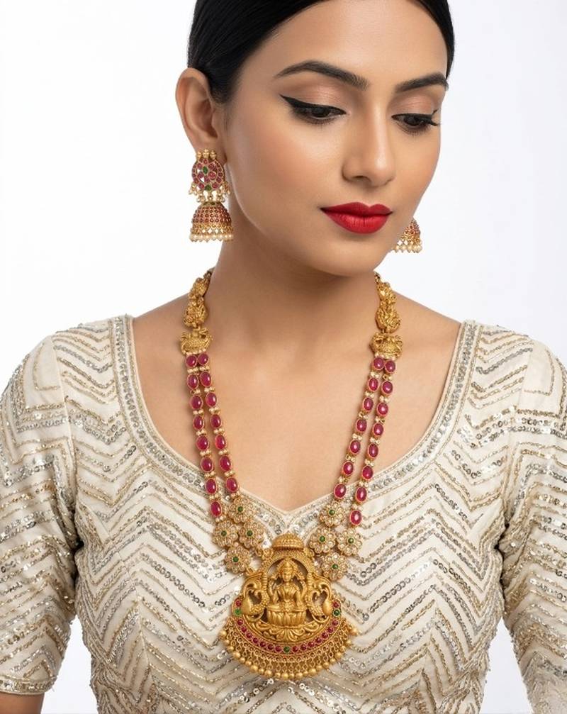 Traditional lakshmi temple necklace set with earrings gold-plated ethnic jewelry handcrafted