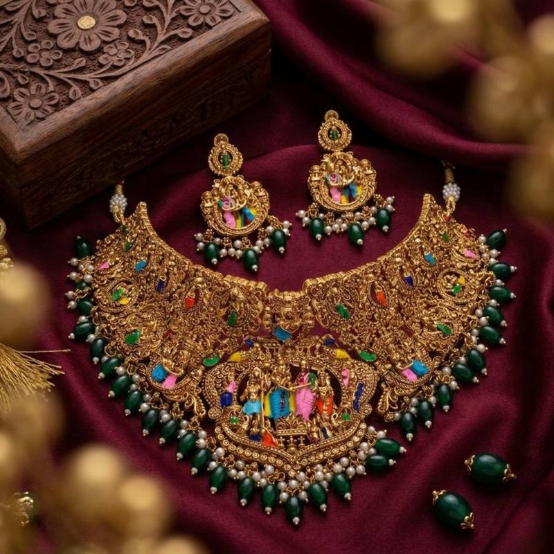 Handcrafted temple jewellery: intricate gold-plated choker set