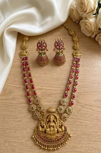 Traditional lakshmi temple necklace set with earrings gold-plated ethnic jewelry handcrafted