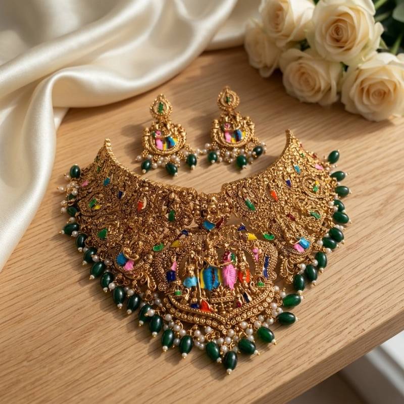 Handcrafted temple jewellery: intricate gold-plated choker set