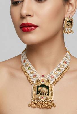 Handcrafted elephant motif gold-plated pearl necklace set - traditional ethnic jewelry for weddings & festivals 1