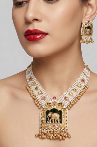 Handcrafted elephant motif gold-plated pearl necklace set - traditional ethnic jewelry for weddings & festivals