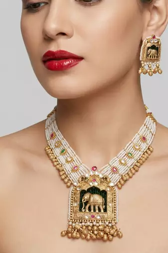 Handcrafted elephant motif gold-plated pearl necklace set - traditional ethnic jewelry for weddings & festivals