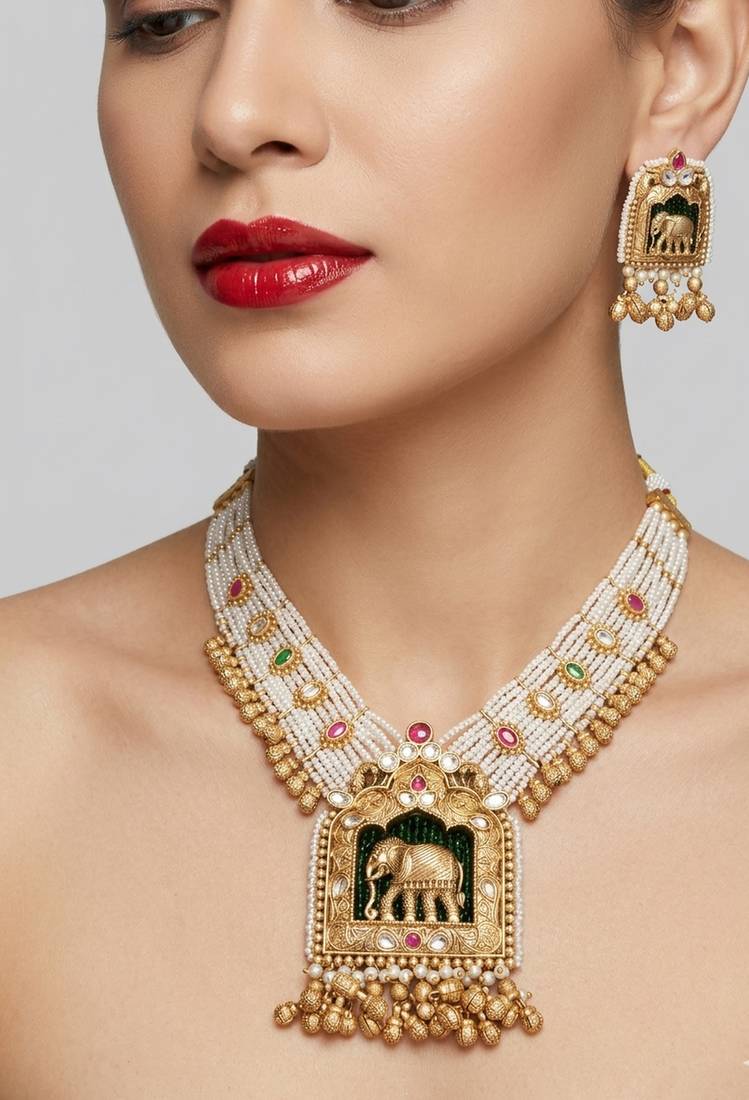 Handcrafted elephant motif gold-plated pearl necklace set - traditional ethnic jewelry for weddings & festivals