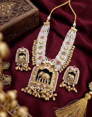Handcrafted elephant motif gold-plated pearl necklace set - traditional ethnic jewelry for weddings & festivals 2