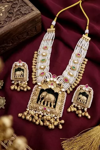 Handcrafted elephant motif gold-plated pearl necklace set - traditional ethnic jewelry for weddings & festivals