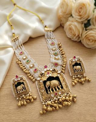 Handcrafted elephant motif gold-plated pearl necklace set - traditional ethnic jewelry for weddings & festivals 3