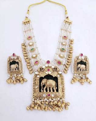 Handcrafted elephant motif gold-plated pearl necklace set - traditional ethnic jewelry for weddings & festivals 4