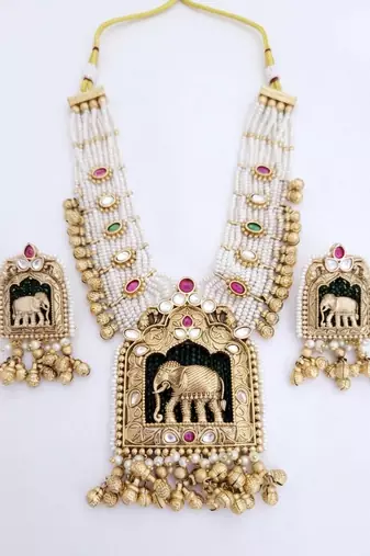 Handcrafted elephant motif gold-plated pearl necklace set - traditional ethnic jewelry for weddings & festivals