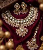 Handcrafted traditional gold-plated kundan bridal jewelry set with maang tikka & jhumka earrings