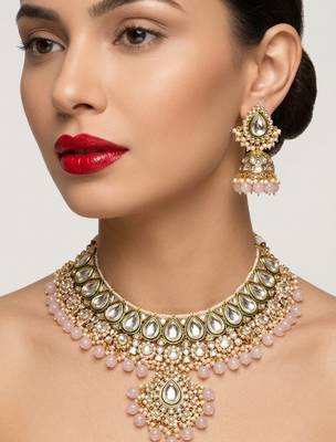 Handcrafted traditional gold-plated kundan bridal jewelry set with maang tikka & jhumka earrings 2
