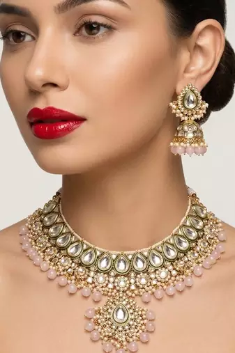 Handcrafted traditional gold-plated kundan bridal jewelry set with maang tikka & jhumka earrings