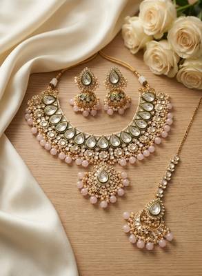 Handcrafted traditional gold-plated kundan bridal jewelry set with maang tikka & jhumka earrings 3