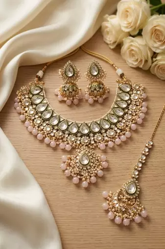 Handcrafted traditional gold-plated kundan bridal jewelry set with maang tikka & jhumka earrings