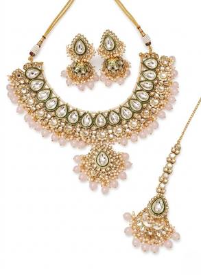 Handcrafted traditional gold-plated kundan bridal jewelry set with maang tikka & jhumka earrings 4