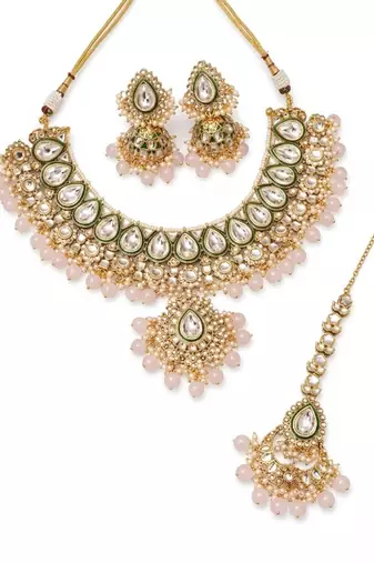Handcrafted traditional gold-plated kundan bridal jewelry set with maang tikka & jhumka earrings