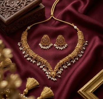 Handcrafted traditional gold-plated choker necklace set with pearl drops - ethnic jewelry for weddings 2