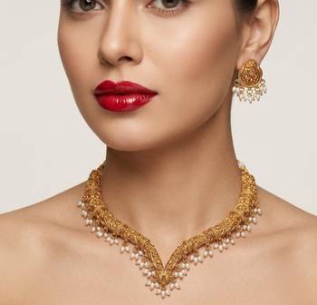 Handcrafted traditional gold-plated choker necklace set with pearl drops - ethnic jewelry for weddings 3