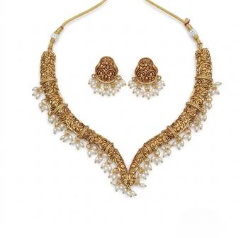 Handcrafted traditional gold-plated choker necklace set with pearl drops - ethnic jewelry for weddings 4