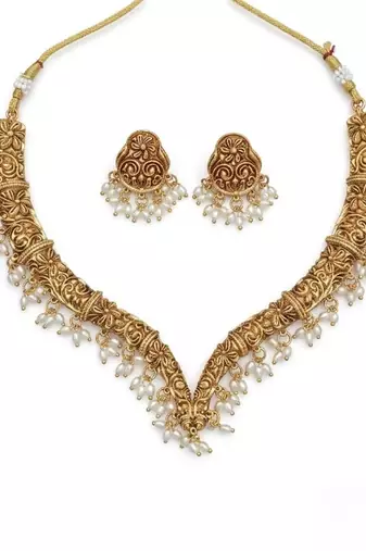 Handcrafted traditional gold-plated choker necklace set with pearl drops - ethnic jewelry for weddings