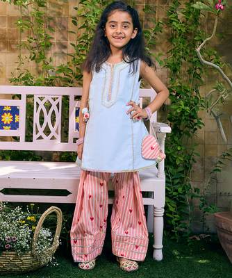Powder blue embroidered cotton kurti set 1