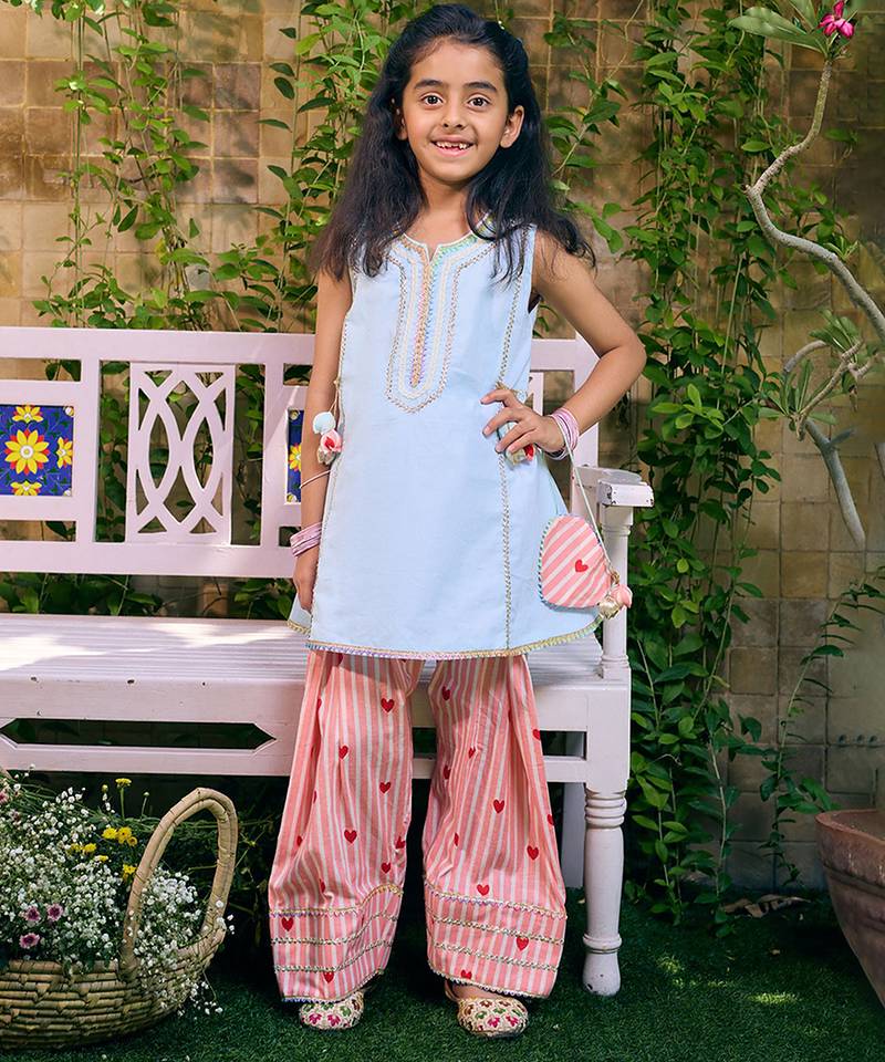 Powder blue embroidered cotton kurti set
