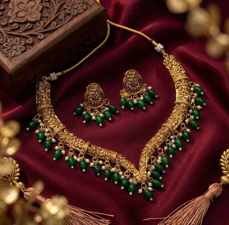 Handcrafted traditional gold-plated choker necklace set with pearl drops - ethnic jewelry for weddings