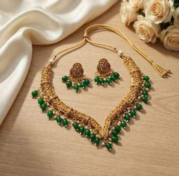 Handcrafted traditional gold-plated choker necklace set with pearl drops - ethnic jewelry for weddings 2
