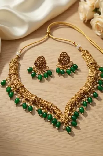 Handcrafted traditional gold-plated choker necklace set with pearl drops - ethnic jewelry for weddings