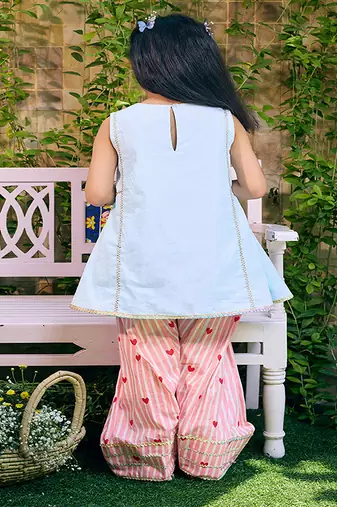 Powder blue embroidered cotton kurti set