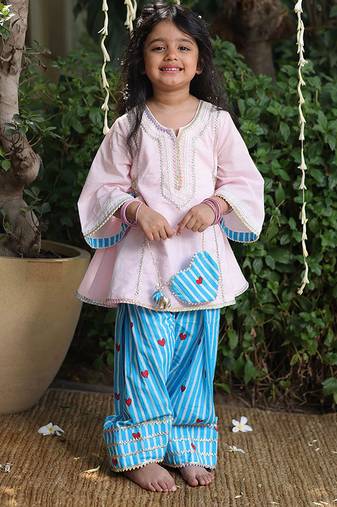 Light pink embroidered cotton kurti set